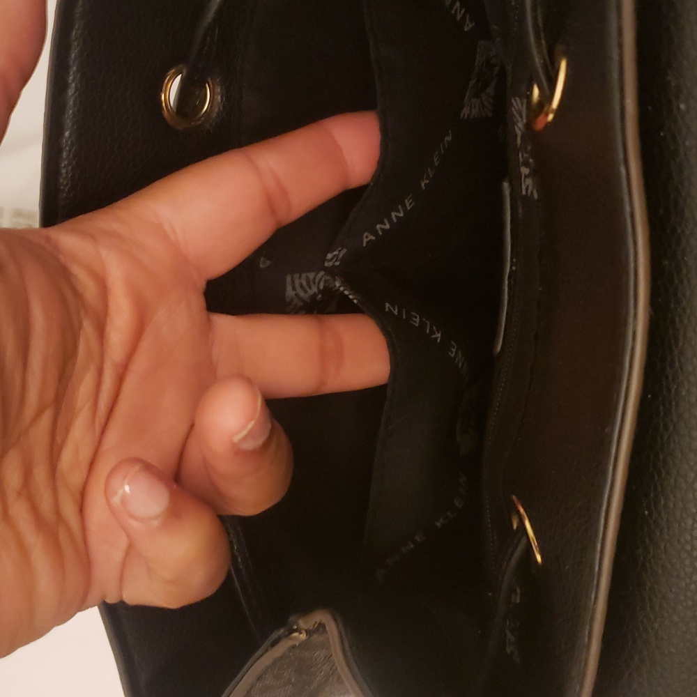 Anne Klein Elegant Black and Brown Mini Backpack Gold Drawstring Snap Closure - Picture 7 of 17